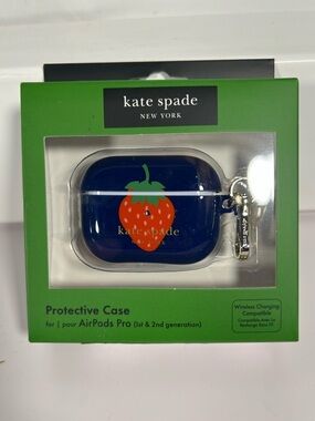 NWT Kate Spade Strawberry AirPods Pro Case Blue Gold Clip